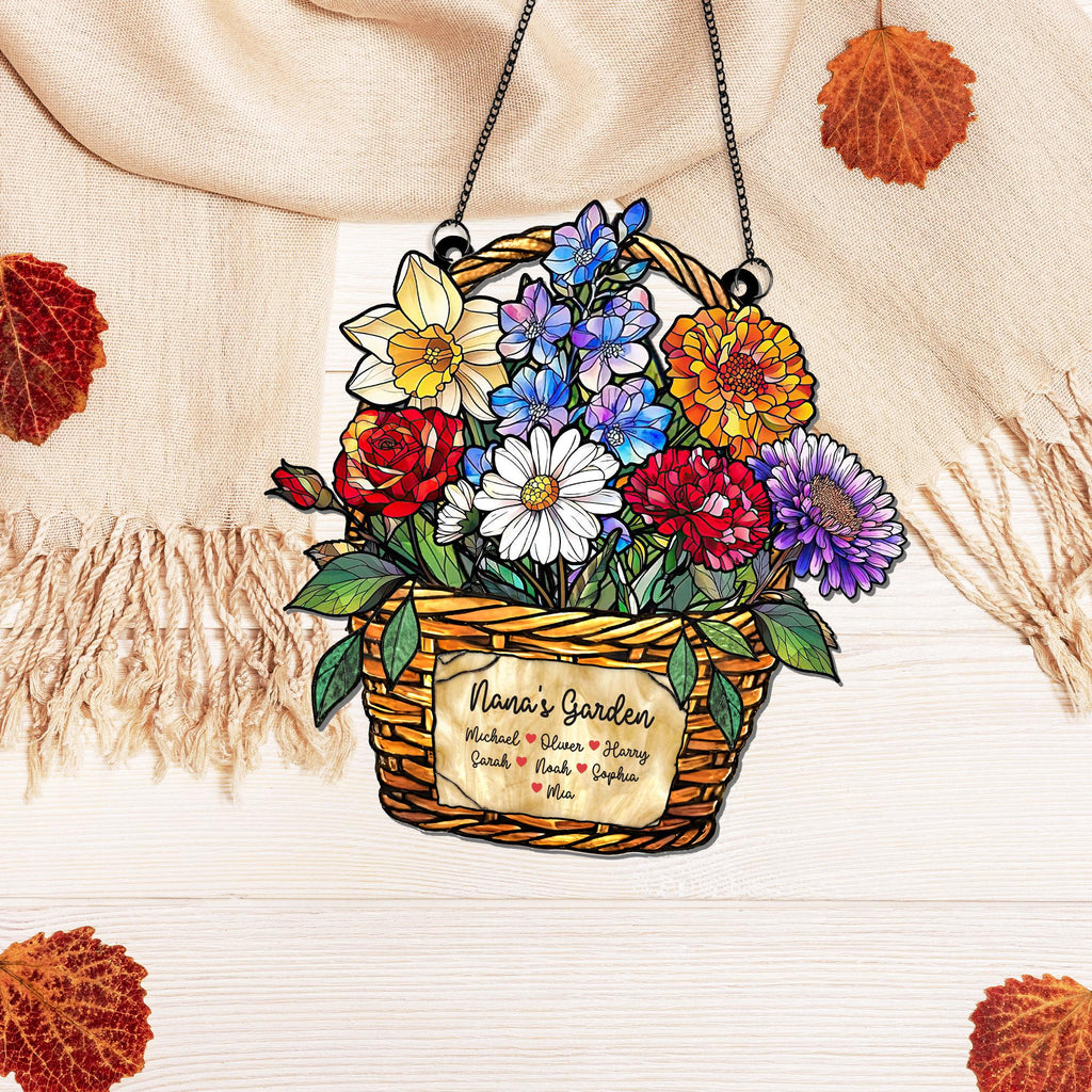 Personalized Birth Month Flower Stained Glass, Grandma's Garden Suncatcher Acrylic Window Hanging, Mothers Day Gift, Grandma Gift, Mom Gifts