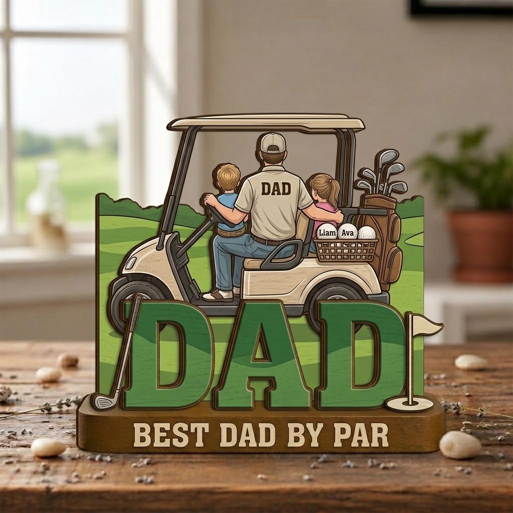 Personalized 2D Flat Golf Dad Wood Sign With Kids Names, Father's Day Gift for Dad Grandpa, Best Dad by Par Custom Wooden Golf Shelf Decor