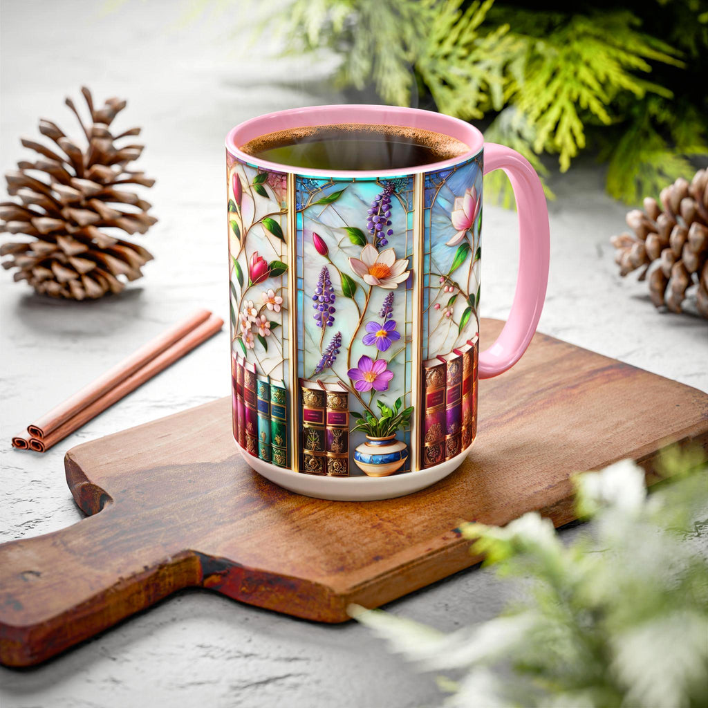 Floral Bookshelf Coffee Mug, Bookish Faux Stained-glass Mug, Book Lover Gift, Reading Mug for Women, Library Floral Cup 15oz