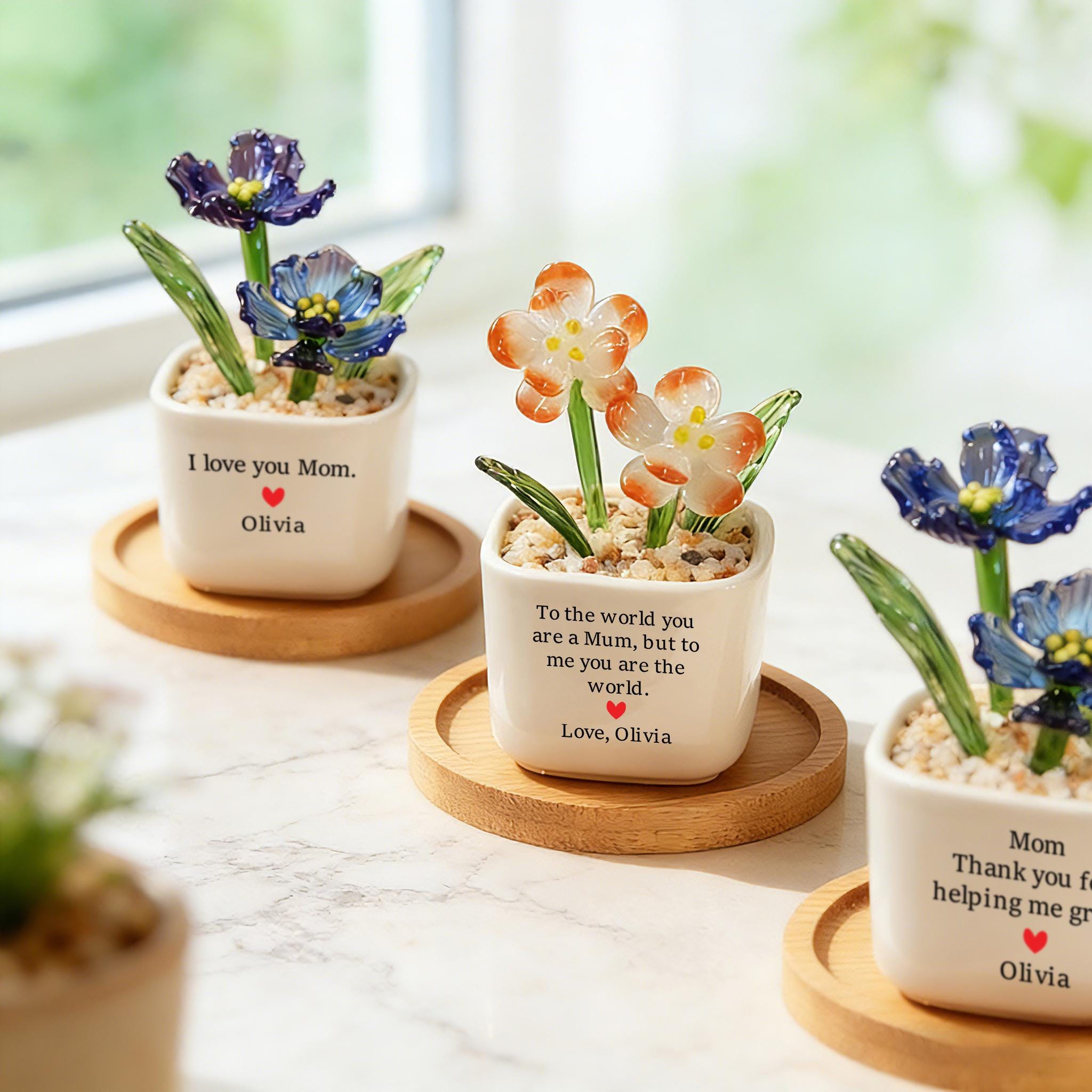 Hand Blown Glass Potted Flowers, Custom Birth Flower Pot, Mother's Day Gift, Stained glass Plant,Home Decor,Housewarming Gift,Gift for Mom