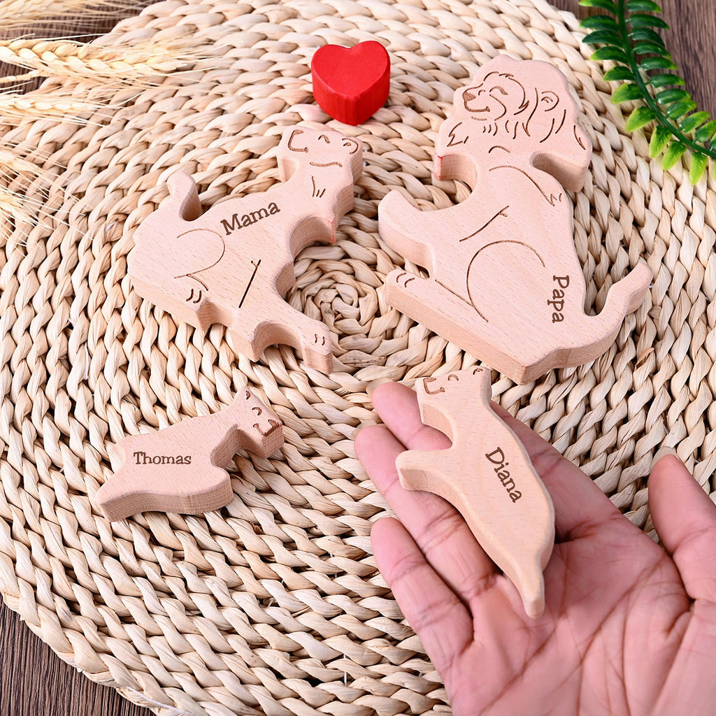 Wooden Lion Family Puzzle, Family Name Engraved Puzzle, Gift for New Parents, Lion Home Decor, Christmas Family Gift for Mom Dad Grandma