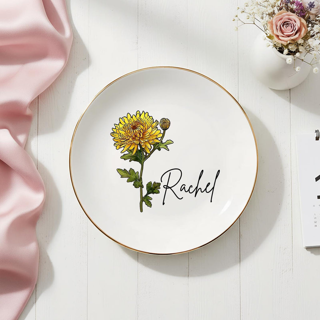 Personalised Birth Flower Trinket Dish, Custom Watercolor Flower Ring Dish, Birthday Jewelry Dish, Wedding Bridesmaid Gift,friendhship Gifts