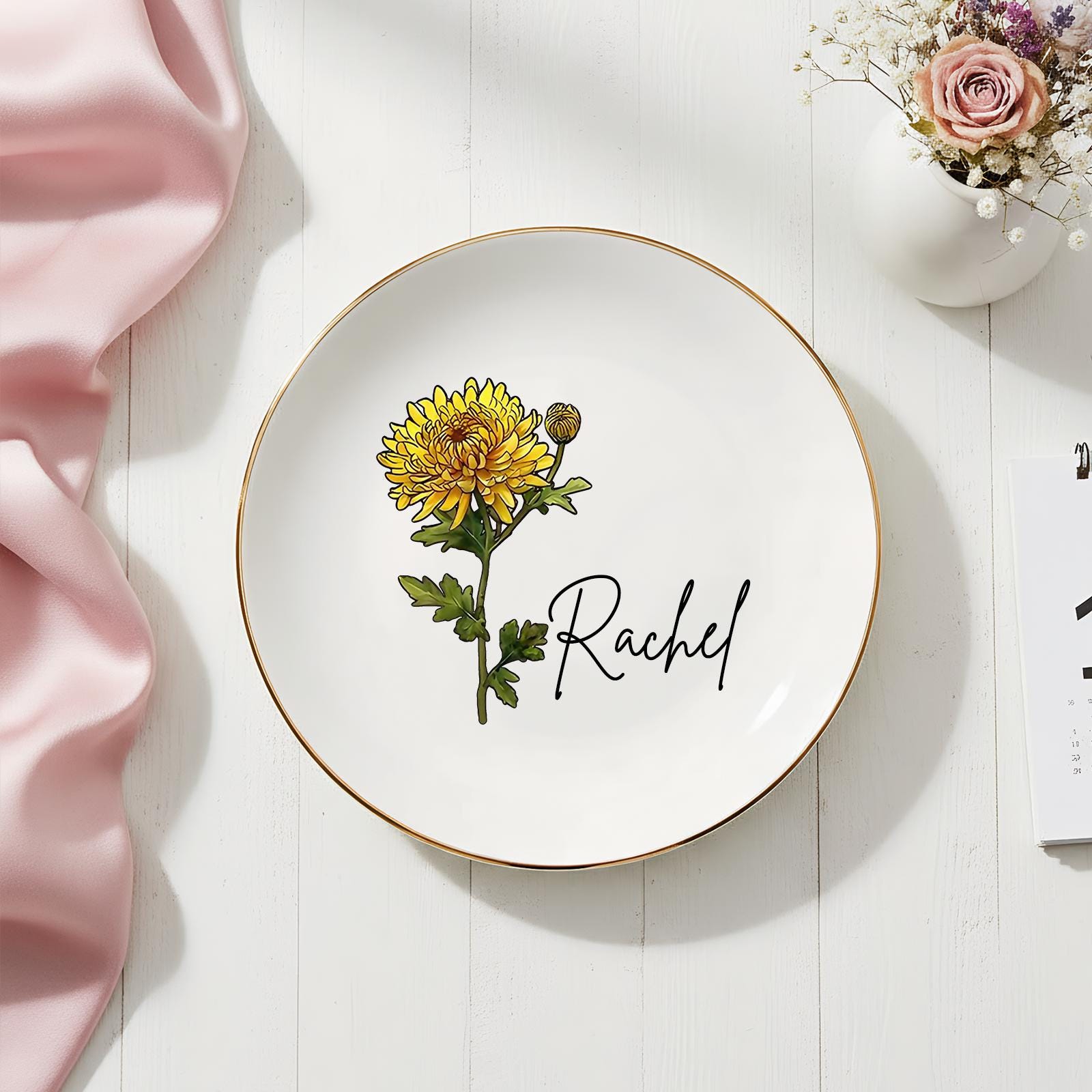 Personalised Birth Flower Trinket Dish, Custom Watercolor Flower Ring Dish, Birthday Jewelry Dish, Wedding Bridesmaid Gift,friendhship Gifts
