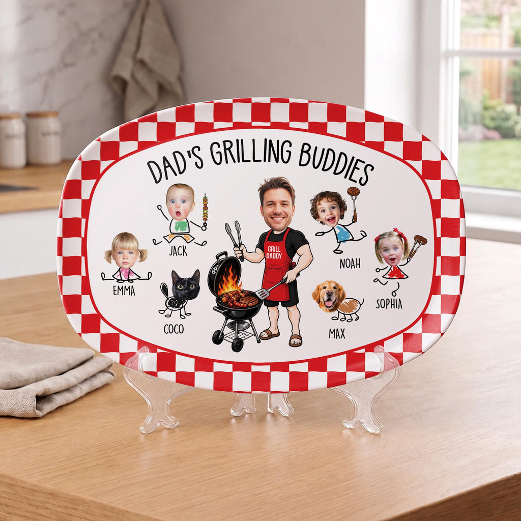 Custom Kid Face Dad’s Grilling Plate, Father’s Day Gift From Kids, Dad's Grilling Buddies, Custom BBQ Grilling Plate Gift With Kids Names