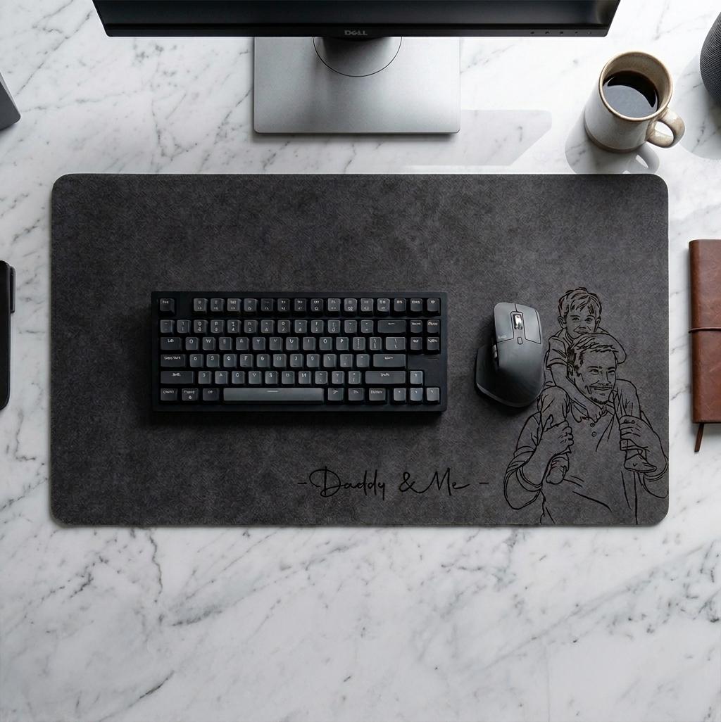 Personalized Dad Desk Mat, Custom Photo Sketch Line Art, Father's Day Gift for Husband, Daddy & Kid Picture, Desk Pad Mouse Mat
