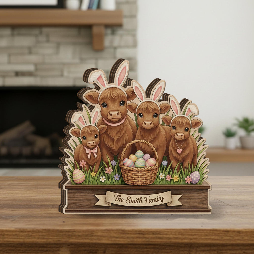 Personalized Wooden Block Easter Highland Cow Decor, Layered Bunny Farmhouse Sign
