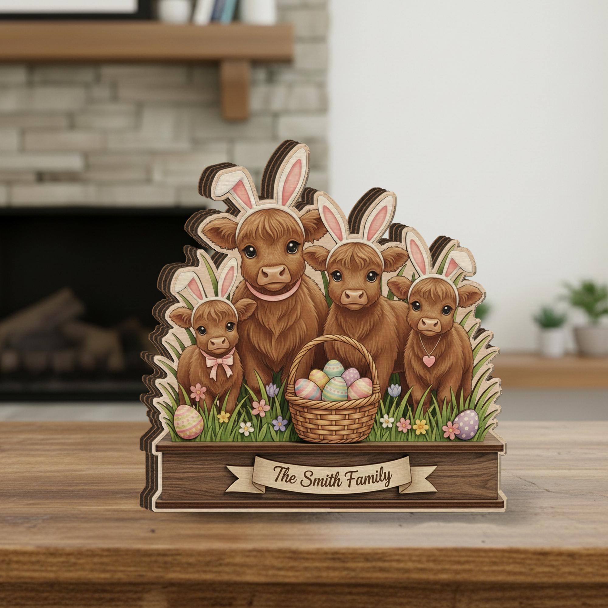 Personalized Wooden Block Easter Highland Cow Decor, Layered Bunny Farmhouse Sign