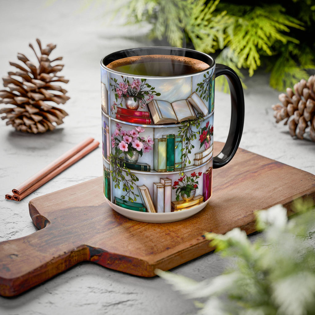 Stained Glass Style Bookshelf Mug, Colorful Floral Book Mug, Book Lover Gift. Elegant Reading Mug, Gift Mug – Thoughtful Design for Coffee Lovers