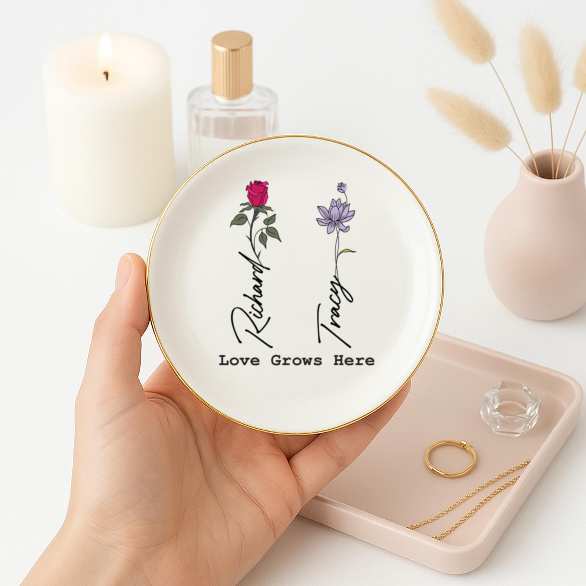 Personalized Birth Flower Ceramic Jewelry Dish_ Custom Trinket Gift - Etsy,ring Holder Dish,wedding Bridesmaid Gift