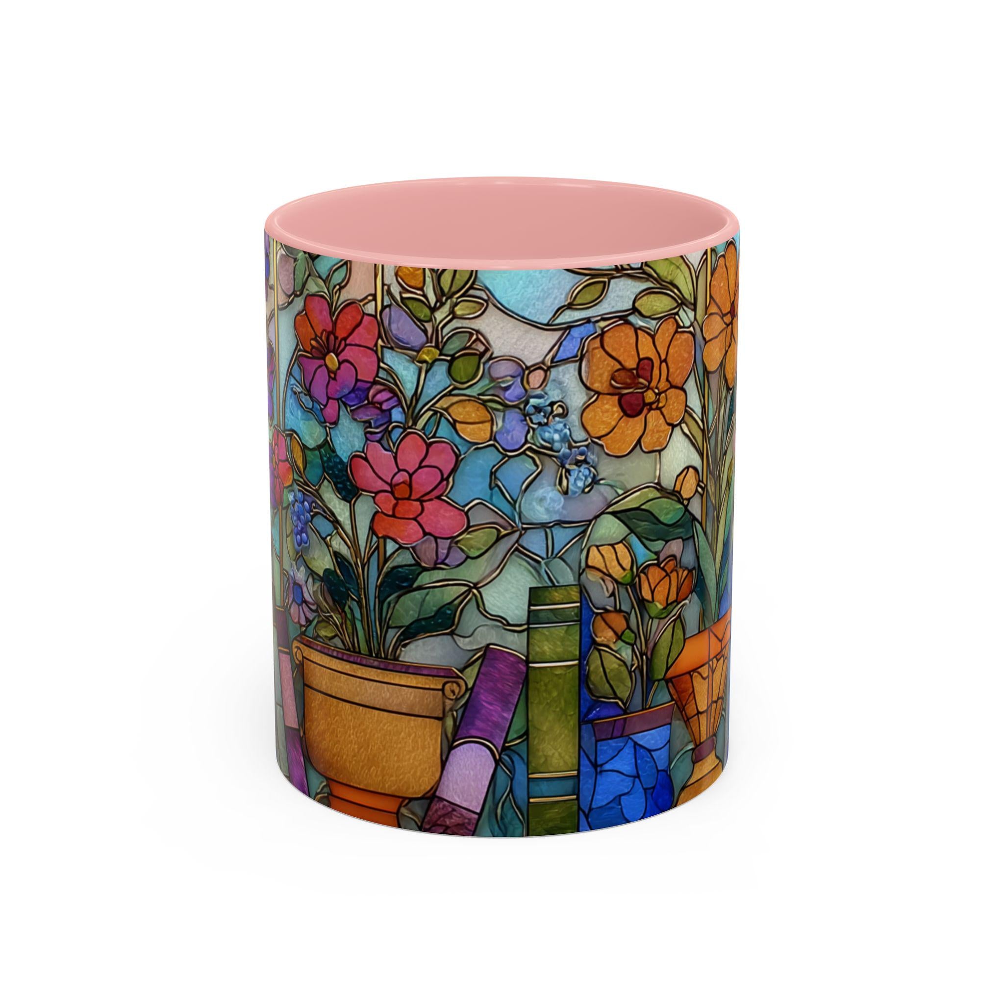 Stained Glass Floral Bookshelf Mug _ Colorful Ceramic Coffee Cup With Flowers, Modern Ceramic Mug – Elevate Your Coffee Time