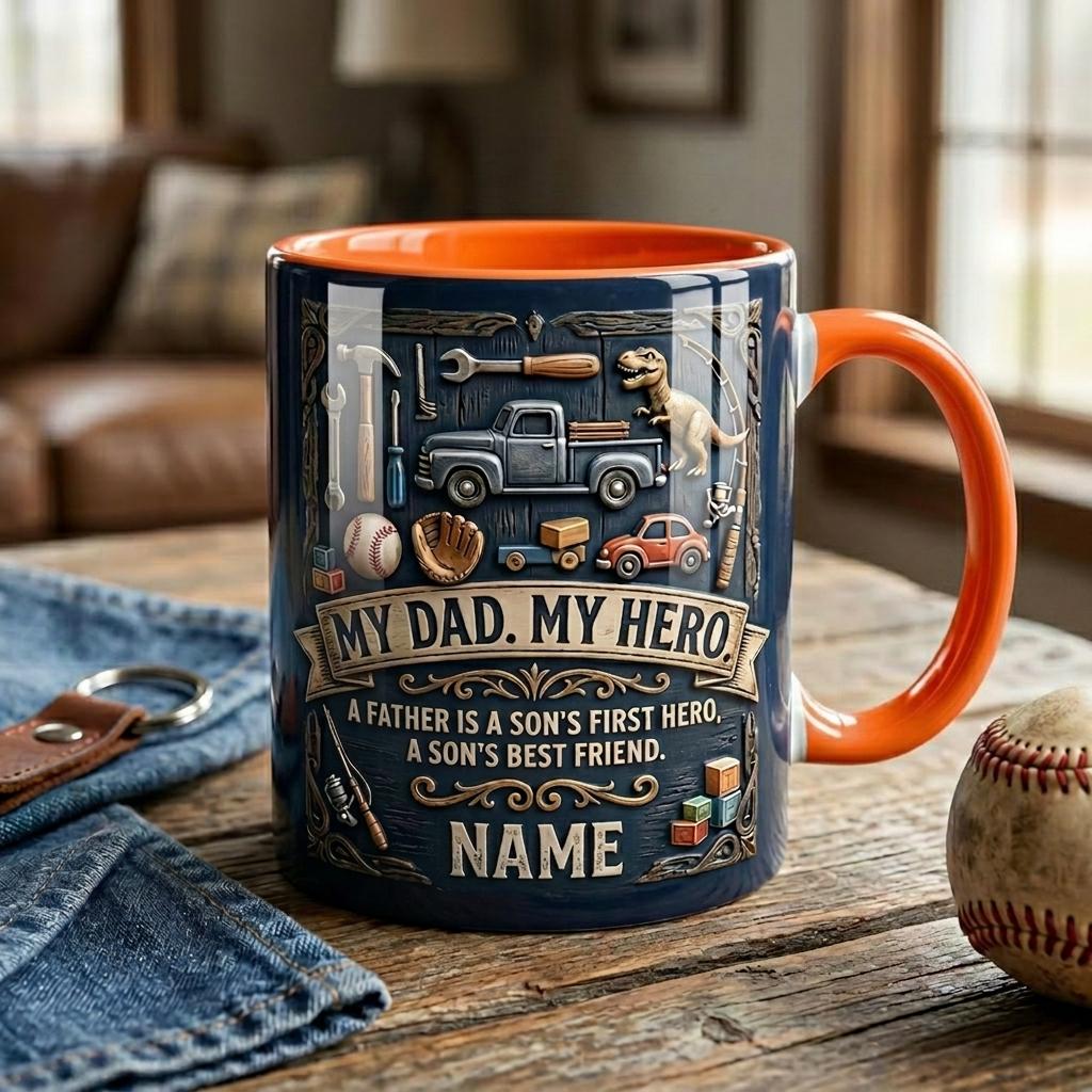 Personalized My Dad My Hero Mug, Faux 3D Effect Ceramic Cup, Custom Father’s Day Coffee Mug, Dad Appreciation Gift