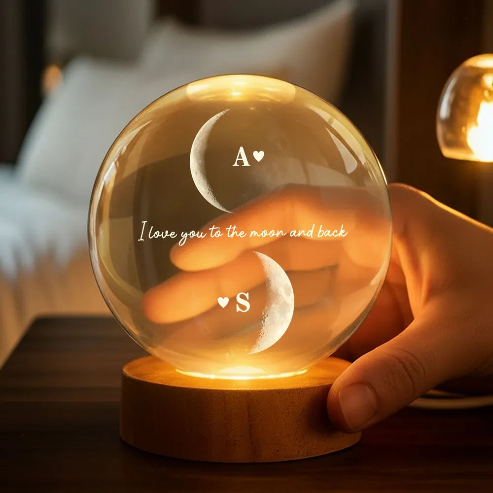 Custom Couple Moon Phase - Personalized Crystal Ball LED Night Light,  Moon Phase Print, Valentines Day Wedding Anniversary Gift For Couple