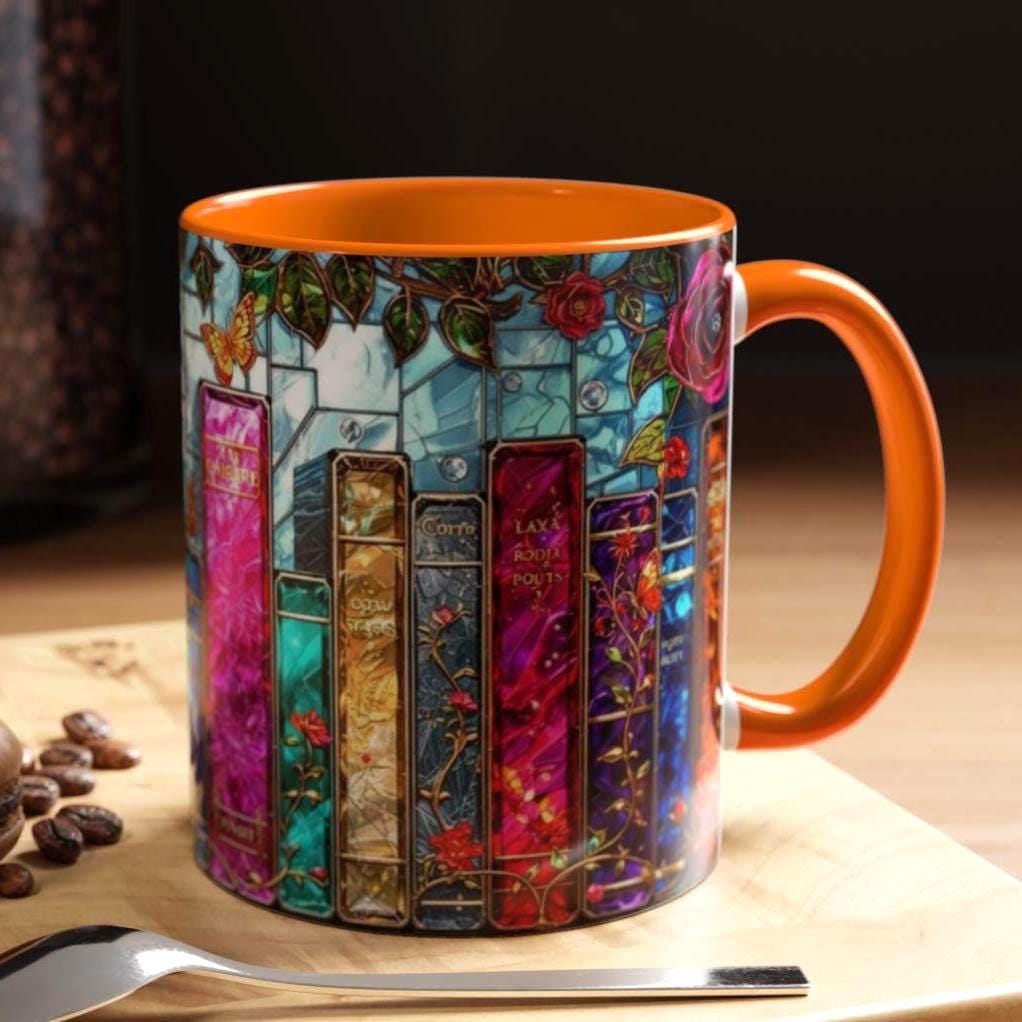 Bookish Stained Glass Mug _ Vintage Bookshelf, Cozy Reader Gift, Cozy Reader Gift, Book Lover Gift, Reading Mug for Women, Library Aesthetic Cup 15oz