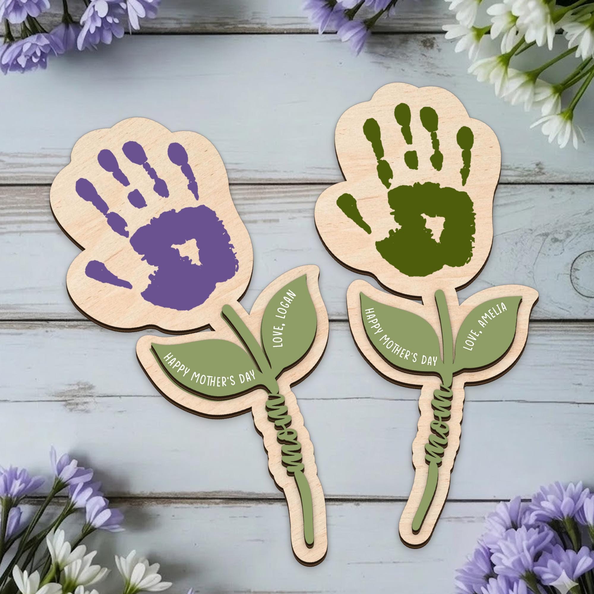 Personalized Handprint Flower Gift for Mom, Wooden Keepsake Mother’s Day Gift, Custom Baby Handprint Plaque, Mom Gift From Kids