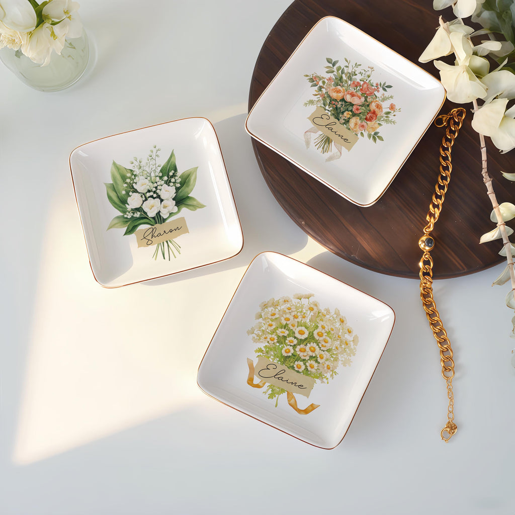 Personalized Flower Bouquet Trinket Dish, Custom Birth Flower Jewelry Dish, Gift for Her, Birth Month Flower, Bridesmaid Gifts, Wedding Gift