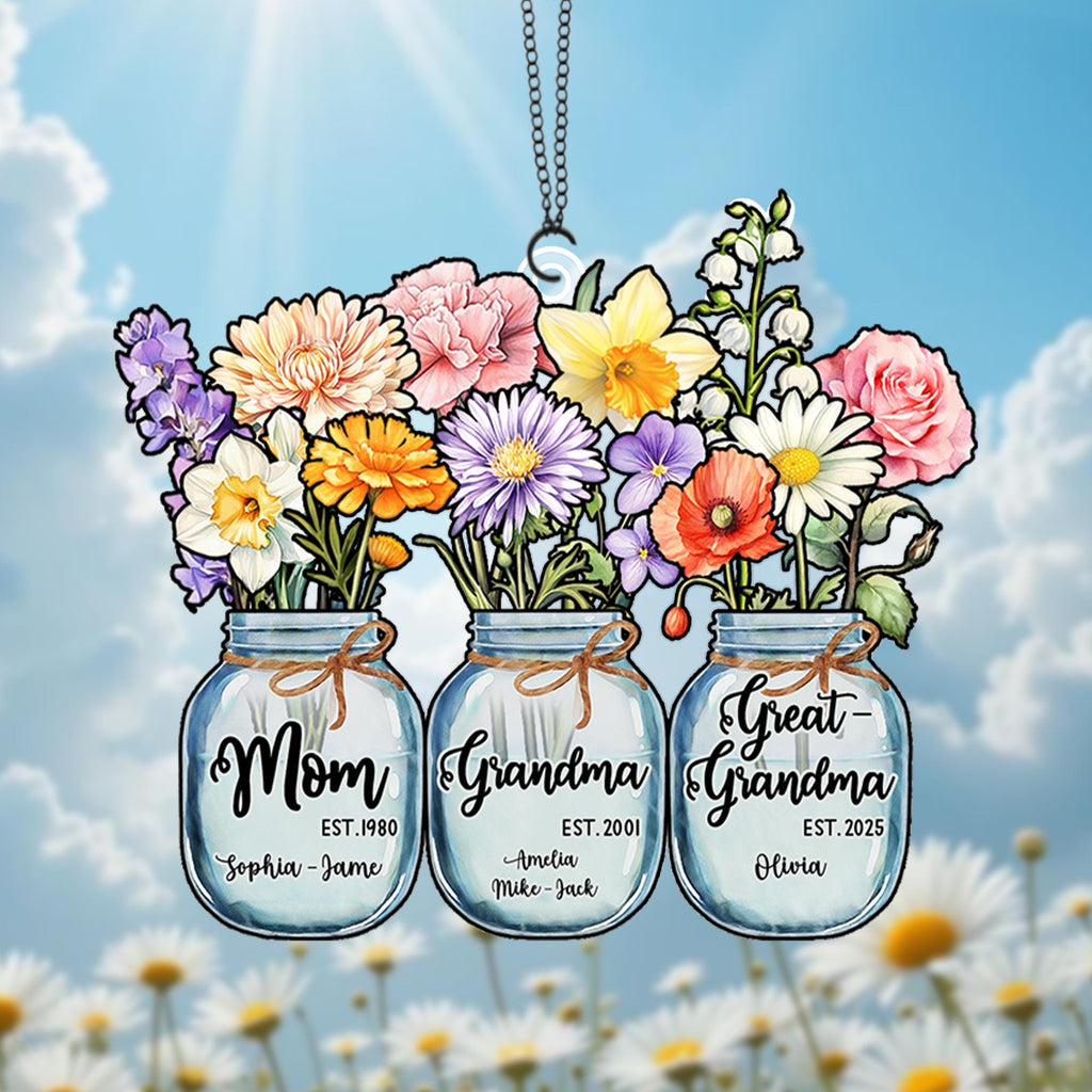 Custom Great Grandma's Garden Suncatcher, Birth Month Flower Acrylic Window Hanging, Grandma Suncatcher, Gift From Grandkids, Christmas Gift