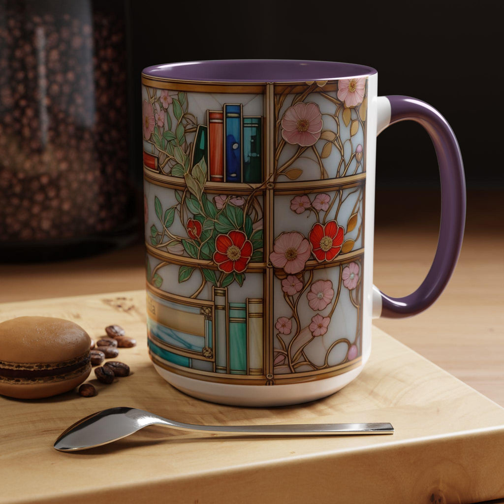 Stained Glass Bookshelf Mug, Floral Coffee Cup, Book Lover Gift, Premium Ceramic Mug – Everyday Use & Gift Idea