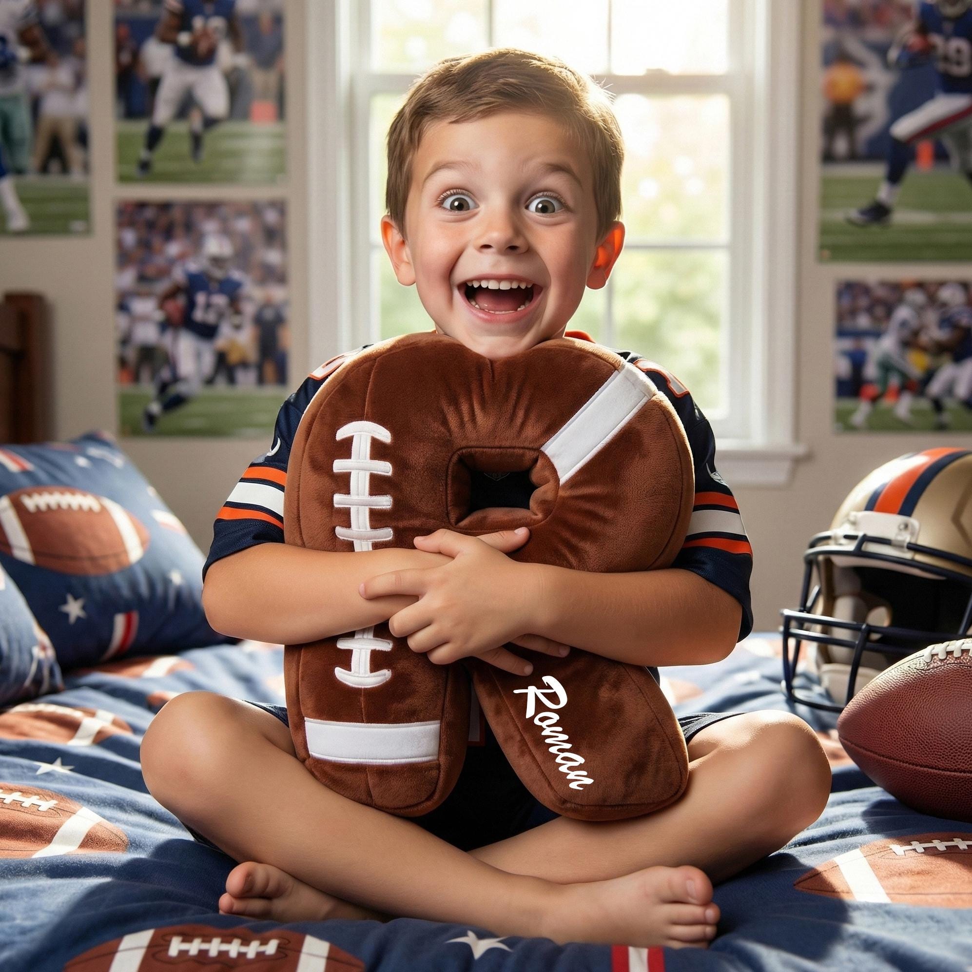 Custom Football Pillow, Personalized Initial Football Cushion, Rugby Letter Pillow, Football Decor, Gift for Kids, Flat Printed Design