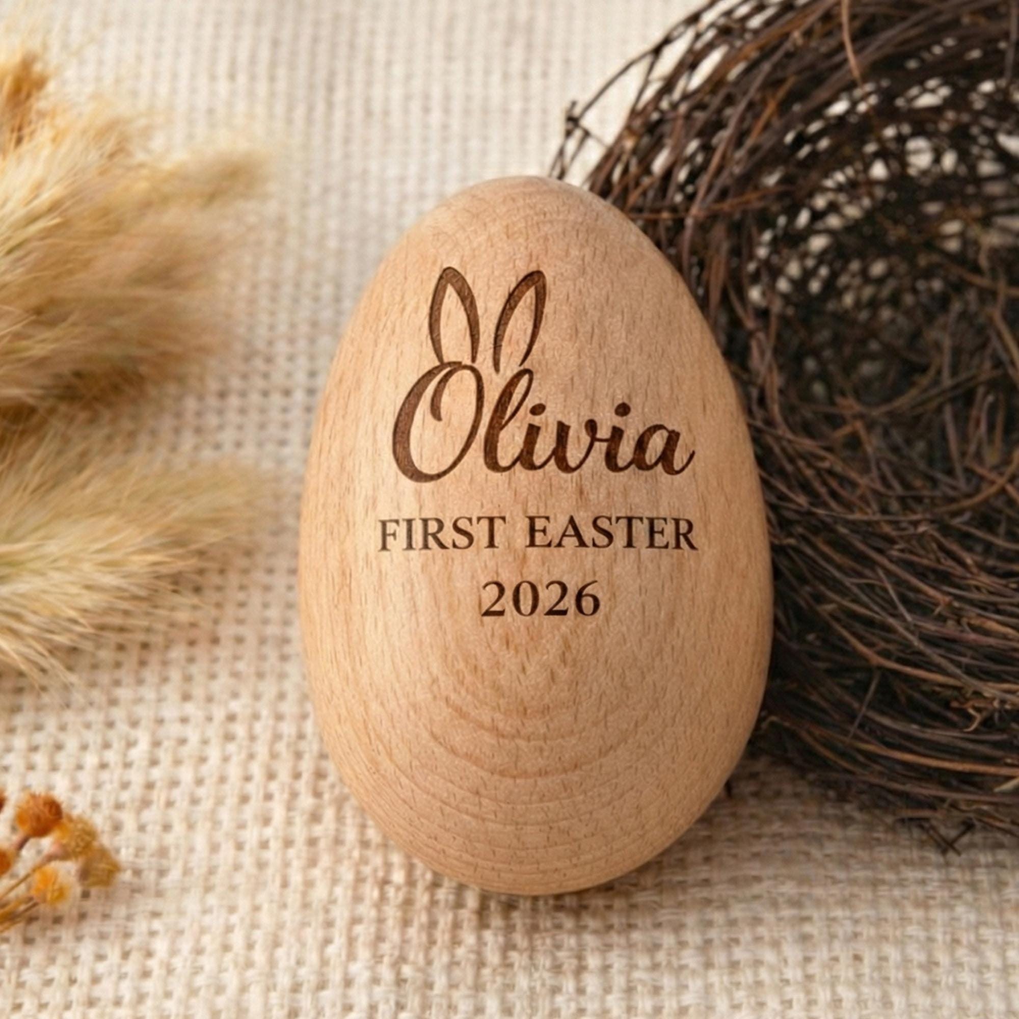 Personalized Wooden Easter Egg, Baby First Easter Keepsake, Custom Engraved Egg Shaker, Easter Basket Gift for Kids