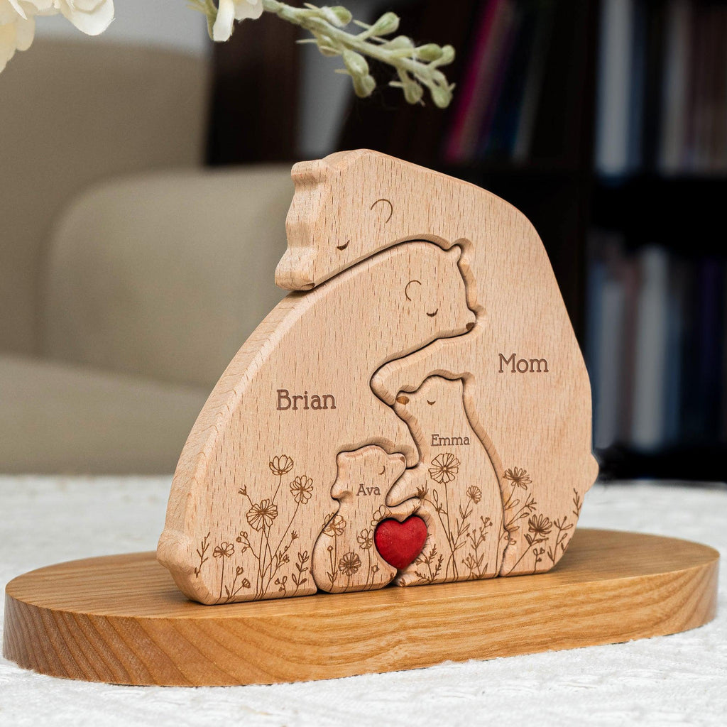 Hugging Bear Family Floral Version, Personalized Wooden Bear Family Puzzle, Wooden Animal Carvings, Family Home Decor, Personalized Wooden Family Puzzle, Custom Engraved Wood Family Gift