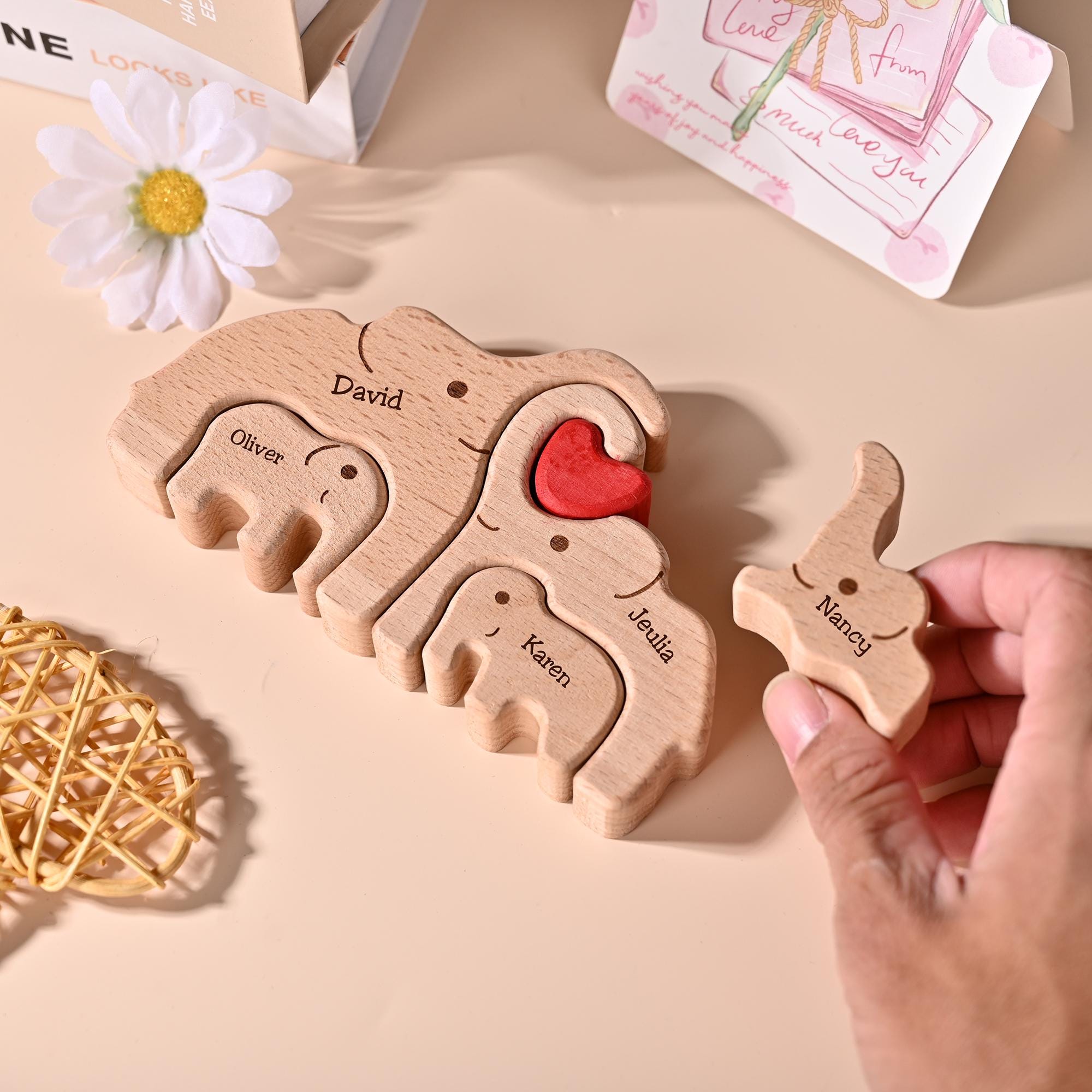 Personalized Elephant Family Puzzle, Mom Dad Baby Keepsake, Custom Family Name Engraved Decor, New Parent Gift, Anniversary Gift