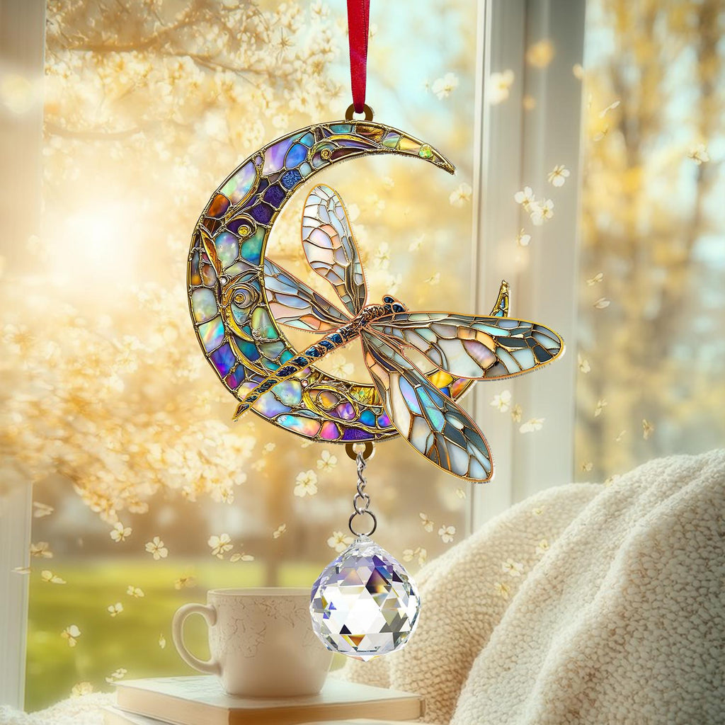 Dragonfly Suncatcher Crystal Prism, Acrylic Moon Dragonfly Hanging Sign, Window Art Decor, Nature Lover Gift, Home Accent