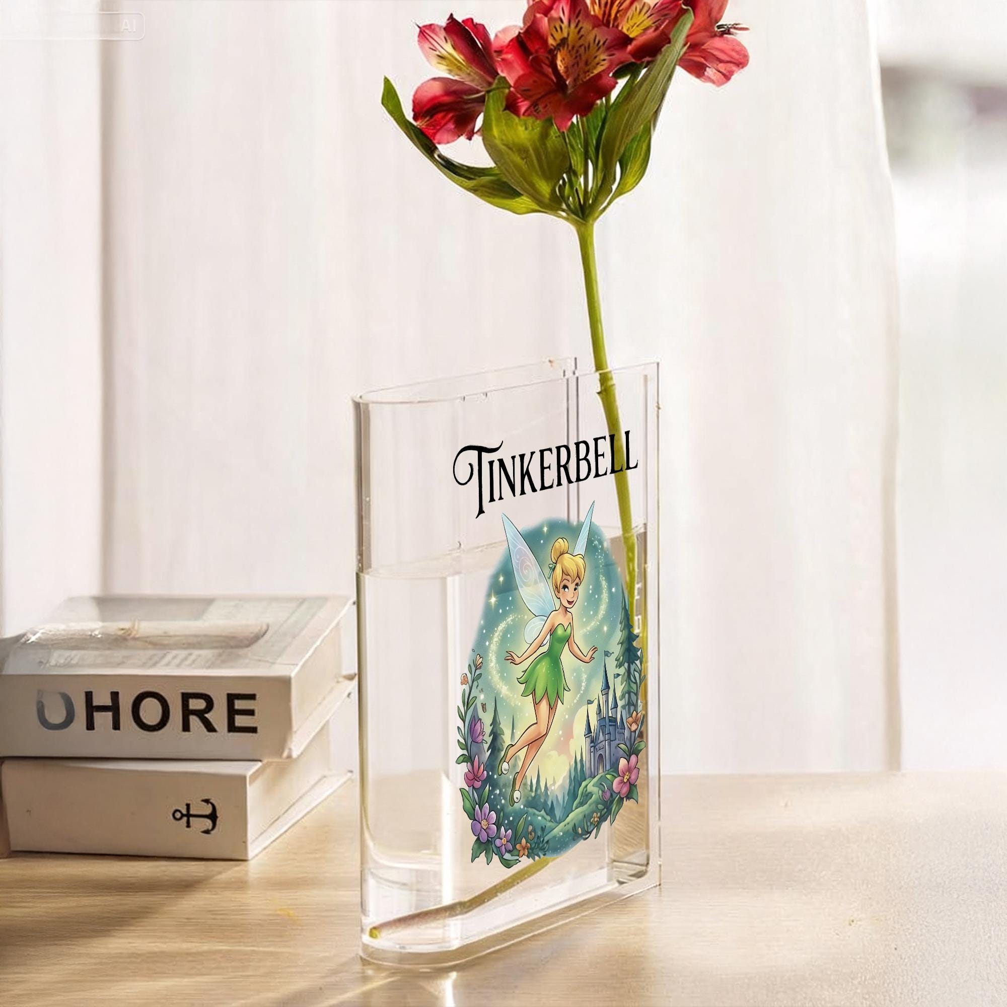 Tinkerbell Book Vase, Fairy Castle Acrylic Vase, Whimsical Bookish Decor, Clear Book Shaped Flower Vase, Fantasy Gift for Book Lover