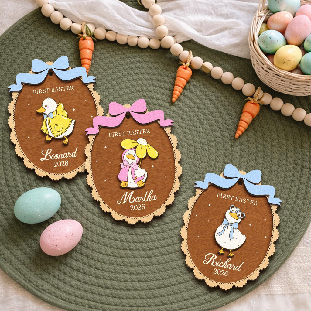 Personalized First Easter Basket Tag – Custom Duck Wooden Name Tag for Baby