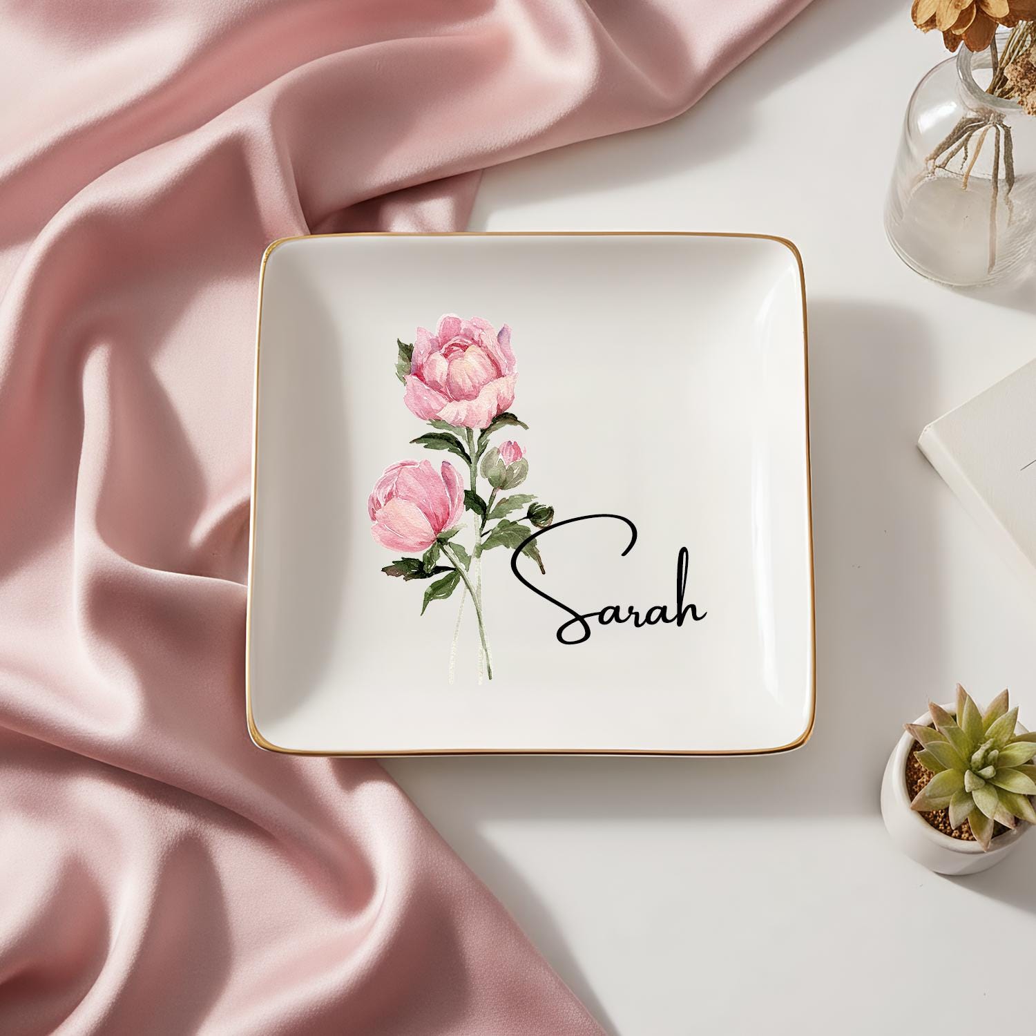 Personalized Birth Flower Trinket Dish, Custom Watercolor Flower Ring Dish, Wedding Bridesmaid Gift, Birthday Jewelry Dish, Christmas Gifts