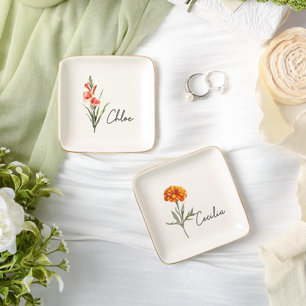 Personalized Birth Flower Trinket Dish,wedding Birthday Trinket Tray for Her,bridesmaid Gift