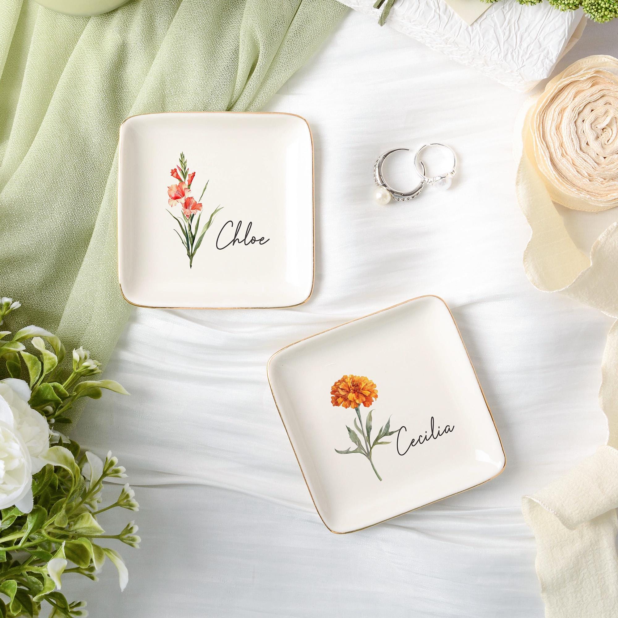 Personalized Birth Flower Trinket Dish,wedding Birthday Trinket Tray for Her,bridesmaid Gift