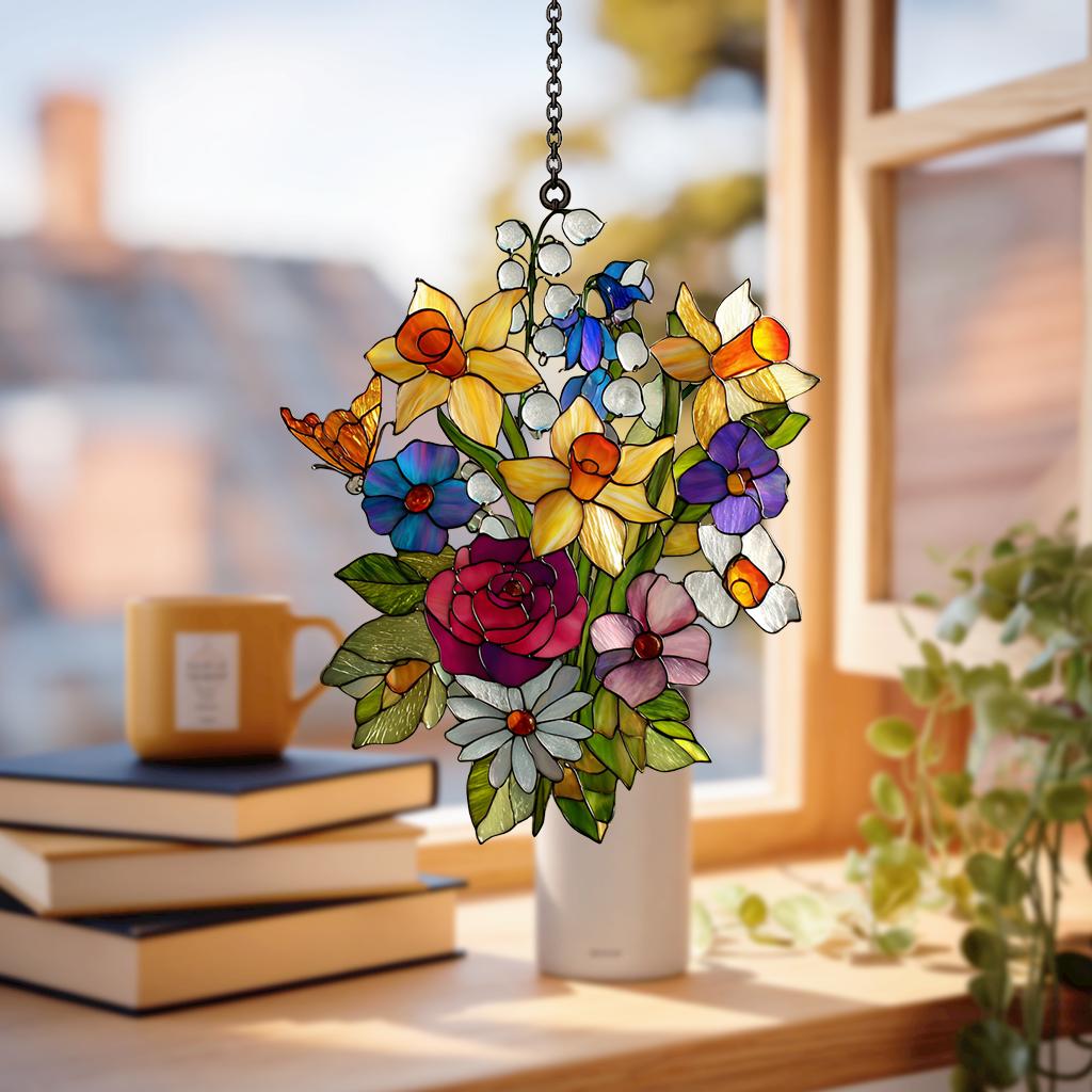 Family Birth Flowers Glass Suncatcher, Custom Mom's Garden Gift,flower Glass Art,birth Flower Gift for Nana,mother's Day Gift for Mom