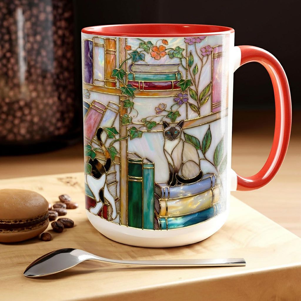 Stained Glass Book Lover Mug Floral With Cat Cottagecore Bookshelf Design Colorful Reading Bookish Cup 15oz Ceramic, Handle Color Mug