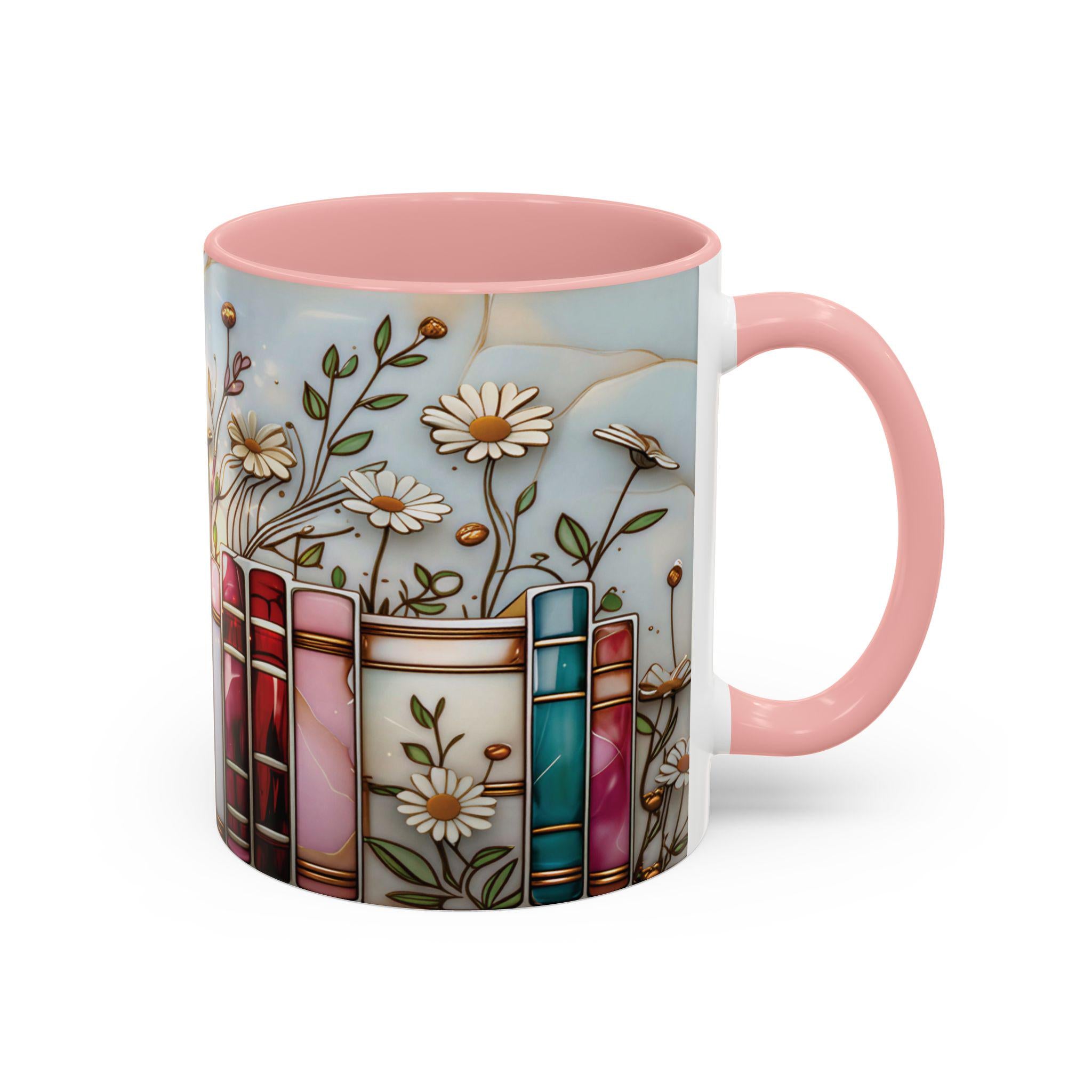 Stained Glass Floral Bookshelf Mug 15oz _ Book Lover Mug, Bookish Library Cup, Ceramic Coffee Cup, Aesthetic Library Decor for Her