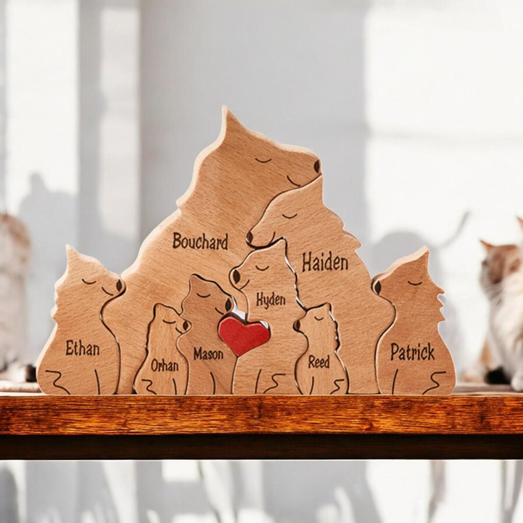 Personalised Wooden Wolf Family Puzzle _ Custom Engraved Figurines _ Handmade Christmas Present, Rustic Home Decor, Family Gift Keepsake