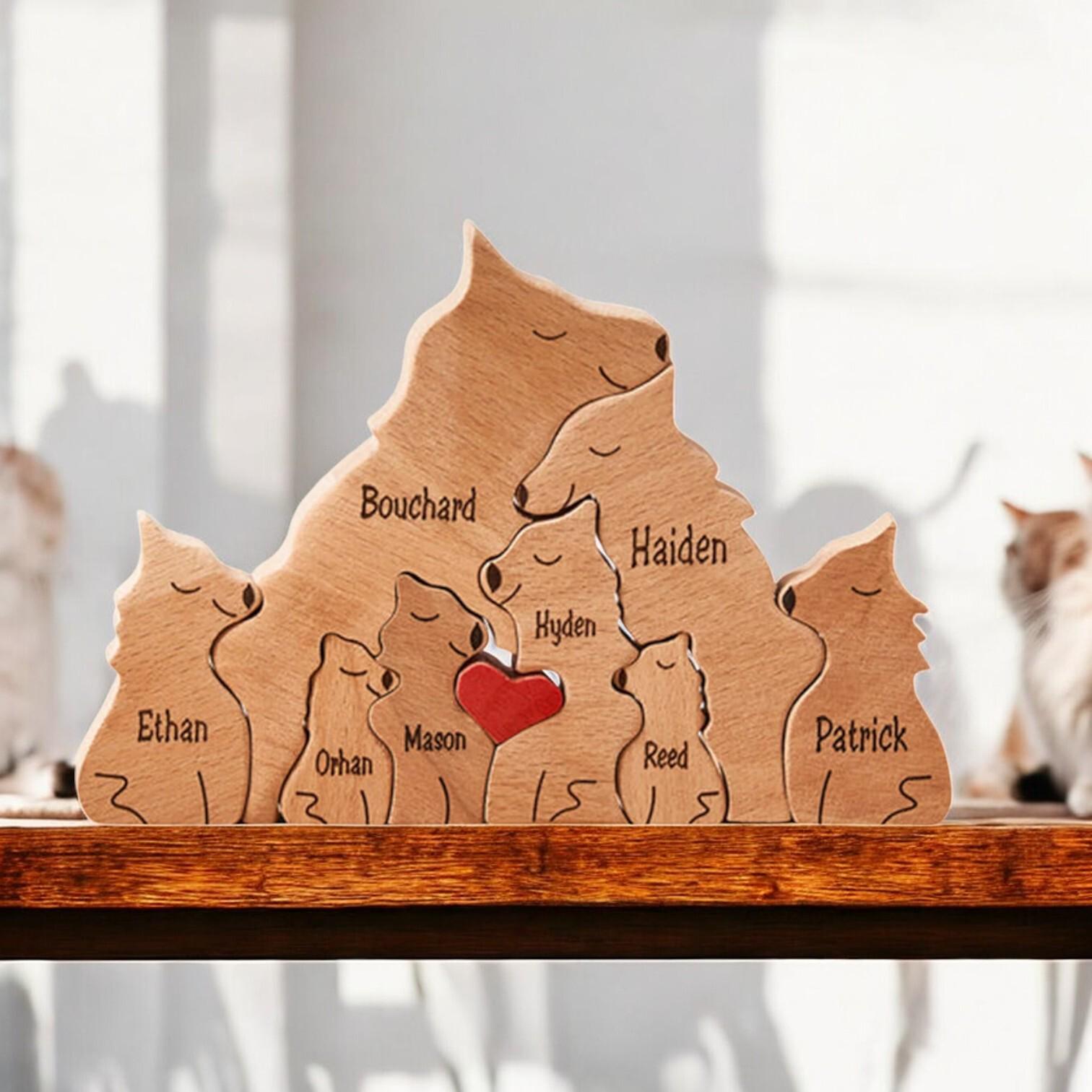 Personalised Wooden Wolf Family Puzzle _ Custom Engraved Figurines _ Handmade Christmas Present, Rustic Home Decor, Family Gift Keepsake