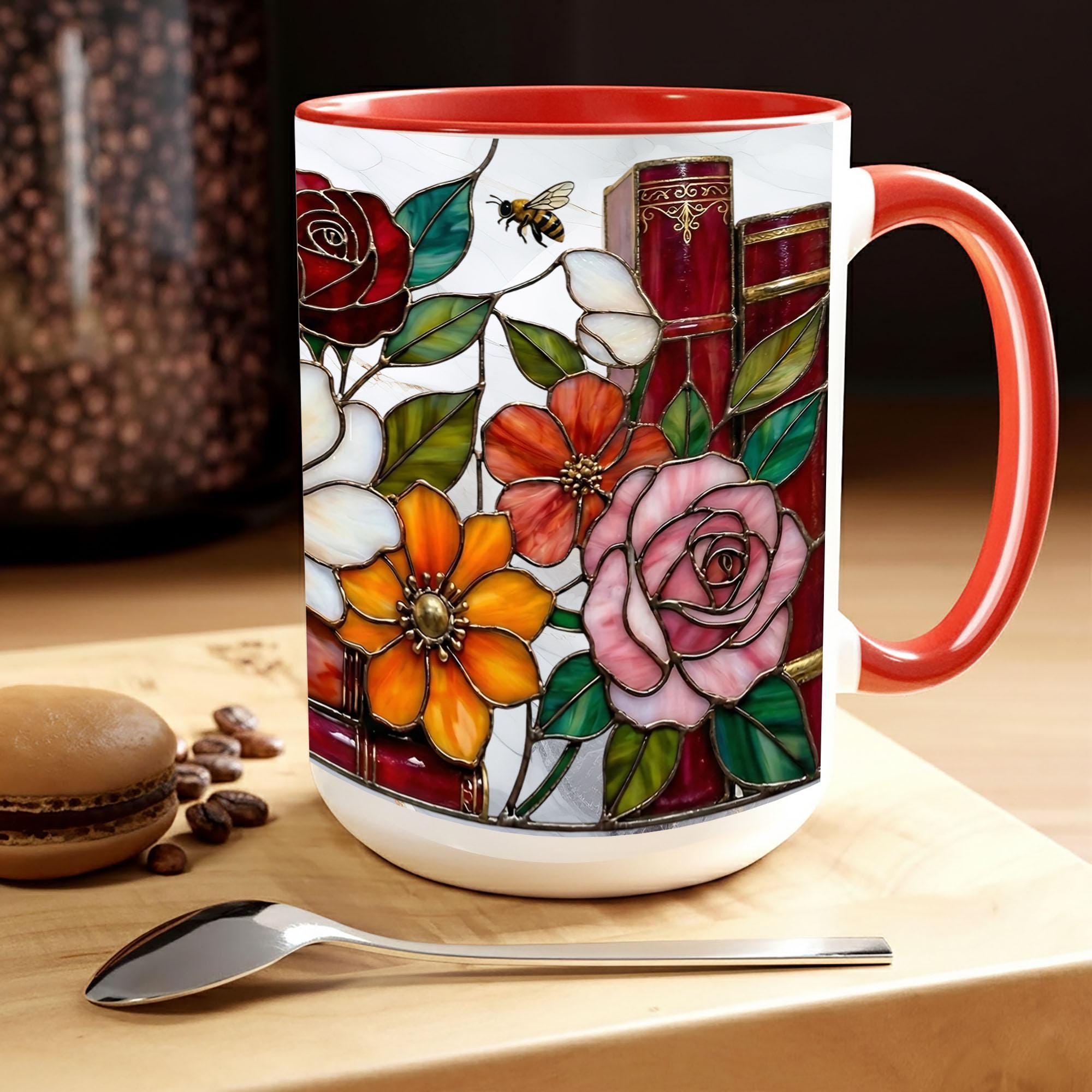 Stained Glass Book Lover Mug Floral Cottagecore Bookshelf Design Colorful Reading Bookish Cup 15oz Ceramic, Handle Color Mug