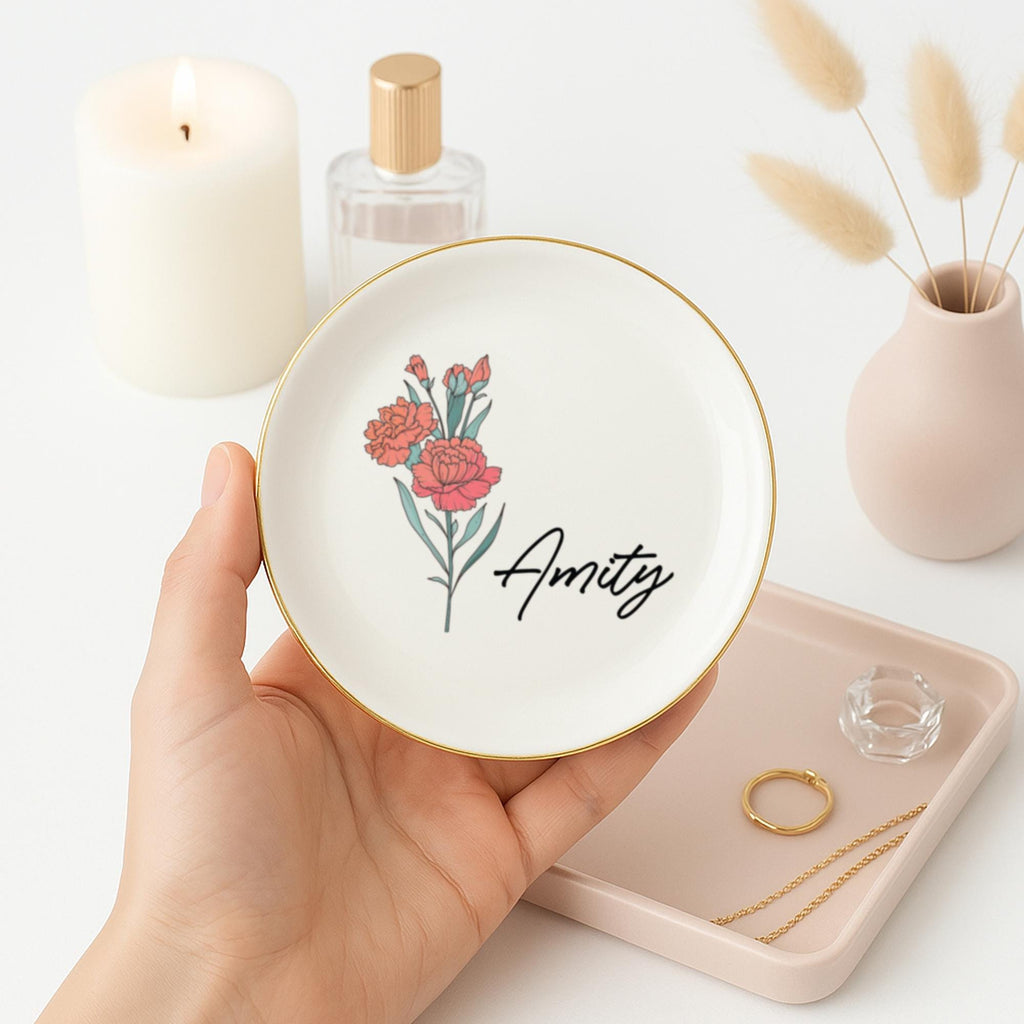 Personalized Birth Flower Ceramic Jewelry Dish_ Custom Trinket Ring Holder, ring Holder Dish,wedding Bridesmaid Gift