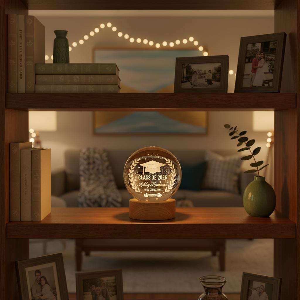 Personalized Graduation Gift Class of 2026, Custom Name School Crystal Ball Night Light, University Grad Keepsake, Wood Base LED Lamp