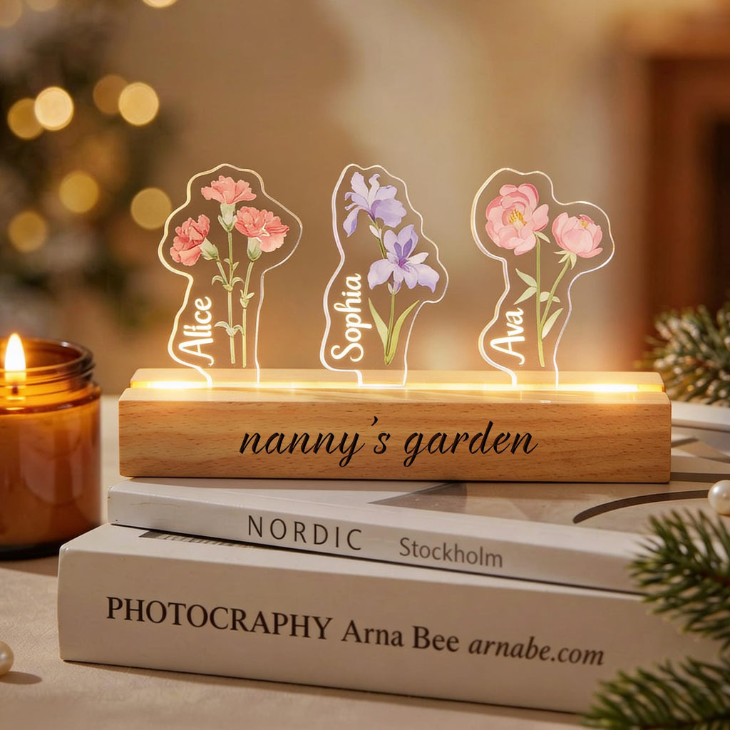 Personalized Nanny's Garden Birth Month Flower Night Light, Customized LED Lamp With Kids Names, Mother's Day Gift for Mom