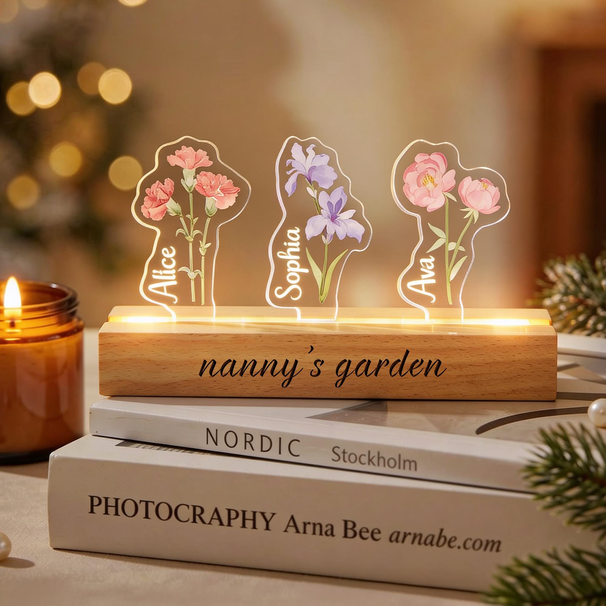 Personalized Nanny's Garden Birth Month Flower Night Light, Customized LED Lamp With Kids Names, Mother's Day Gift for Mom