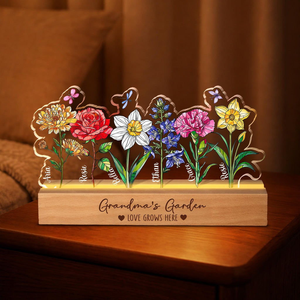 Custom Grandma's Garden Night Light_ Personalized Birth Month Flowers Gift for Grandma, Mothers Day Gift From Grandkids, Mom Birthday Gifts