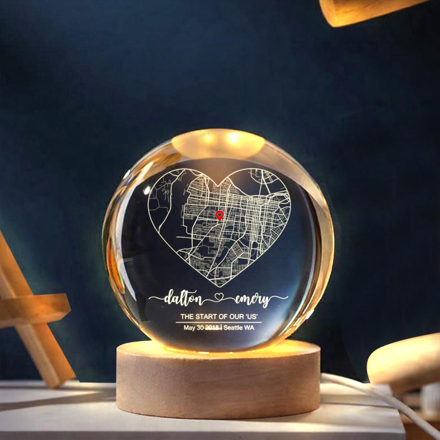 Custom Couple Map Crystal Ball LED Night Light, Personalized Where It All Began Location Gift, Romantic First Date Keepsake for Him or Her