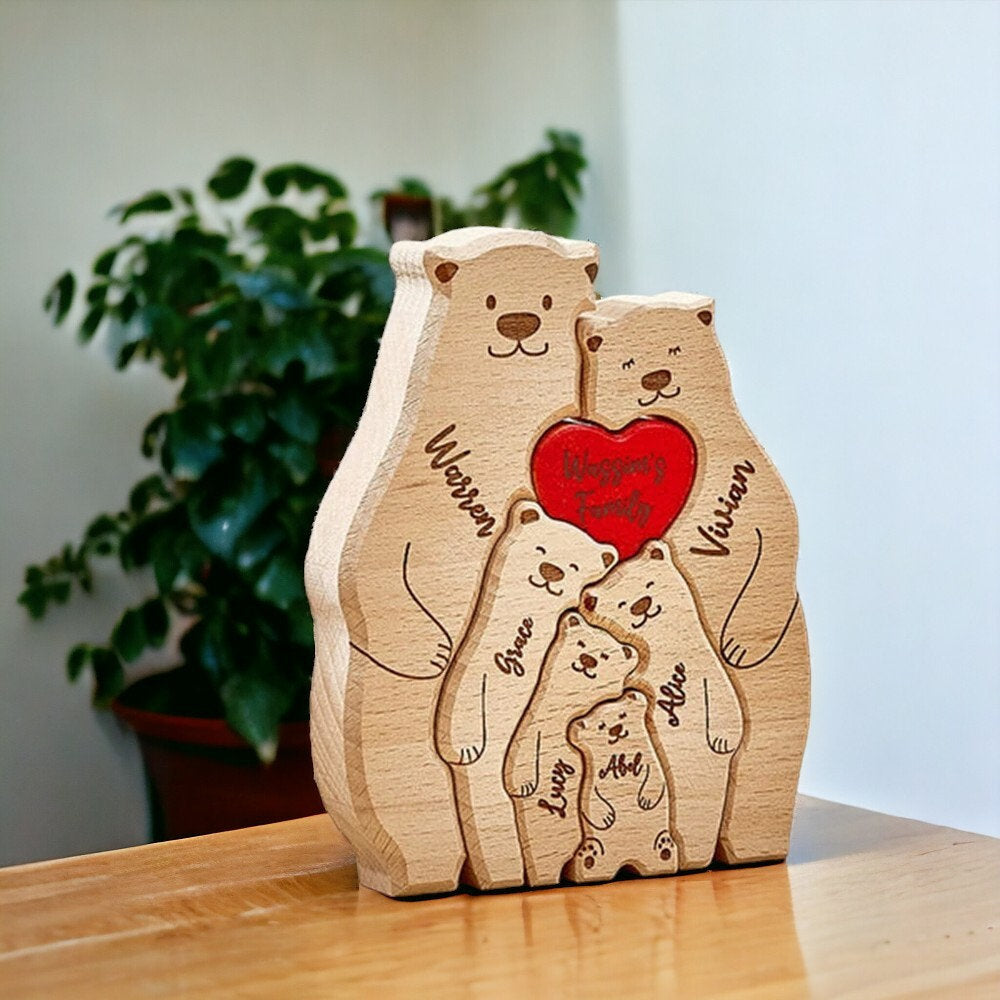 Personalised Wooden Bear Family Puzzle _ Custom Engraved Figurines _ Woodland Family Keepsake Gift for Mum, Dad & Kids, Rustic Home Decor