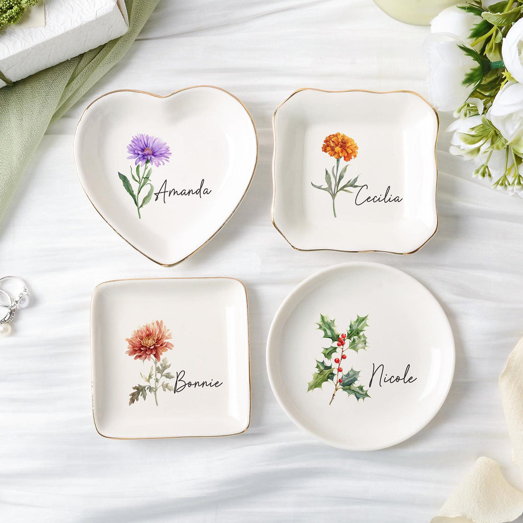 Personalized Birth Flower Trinket Dish,wedding Birthday Trinket Tray for Her,bridesmaid Gift