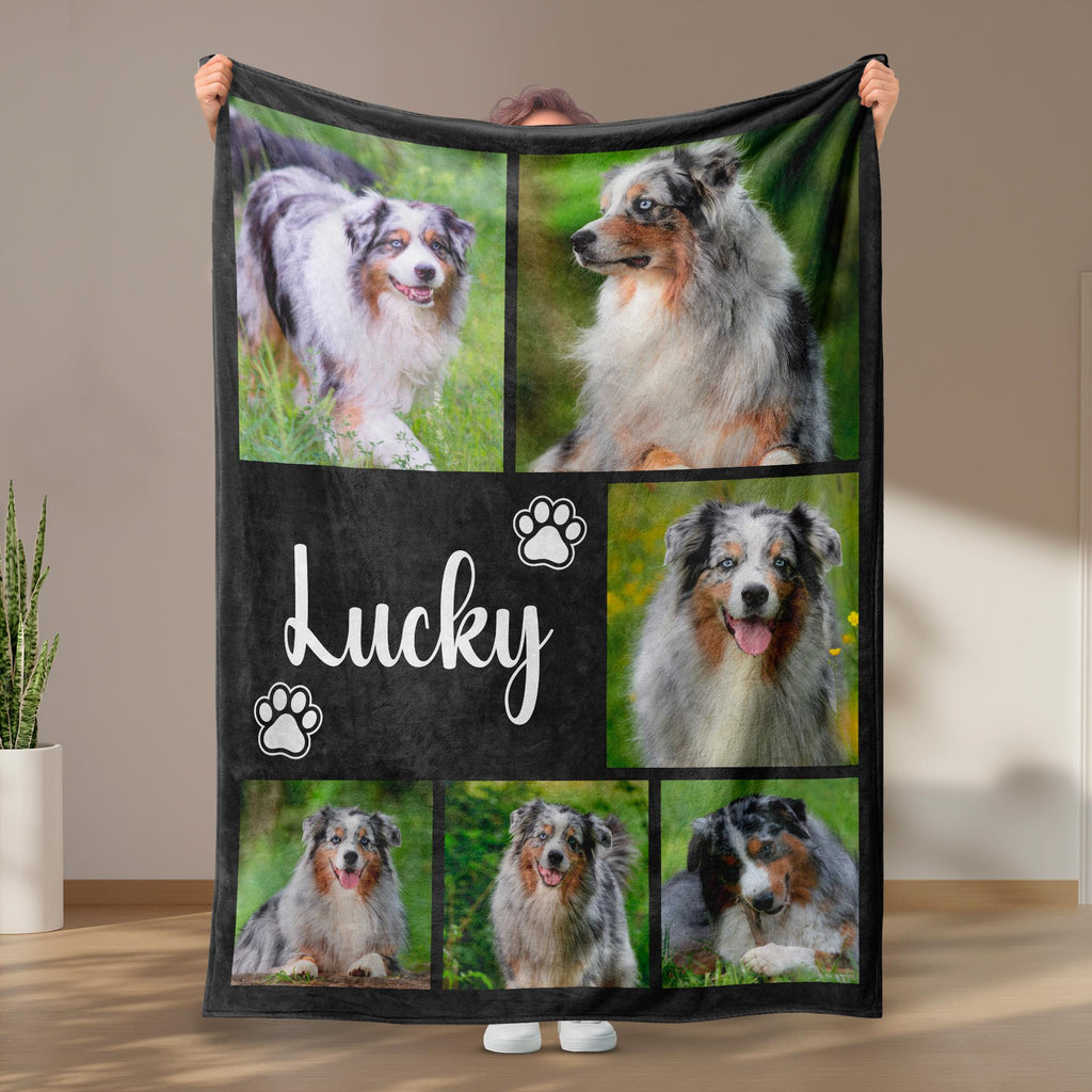 Dog Cat Picture Bedding Blanket With Text, Customized Name Photo Blanket Collage, Memorial Pet Face Loss Keepsake Gift - (BLANKET-1 DOG)