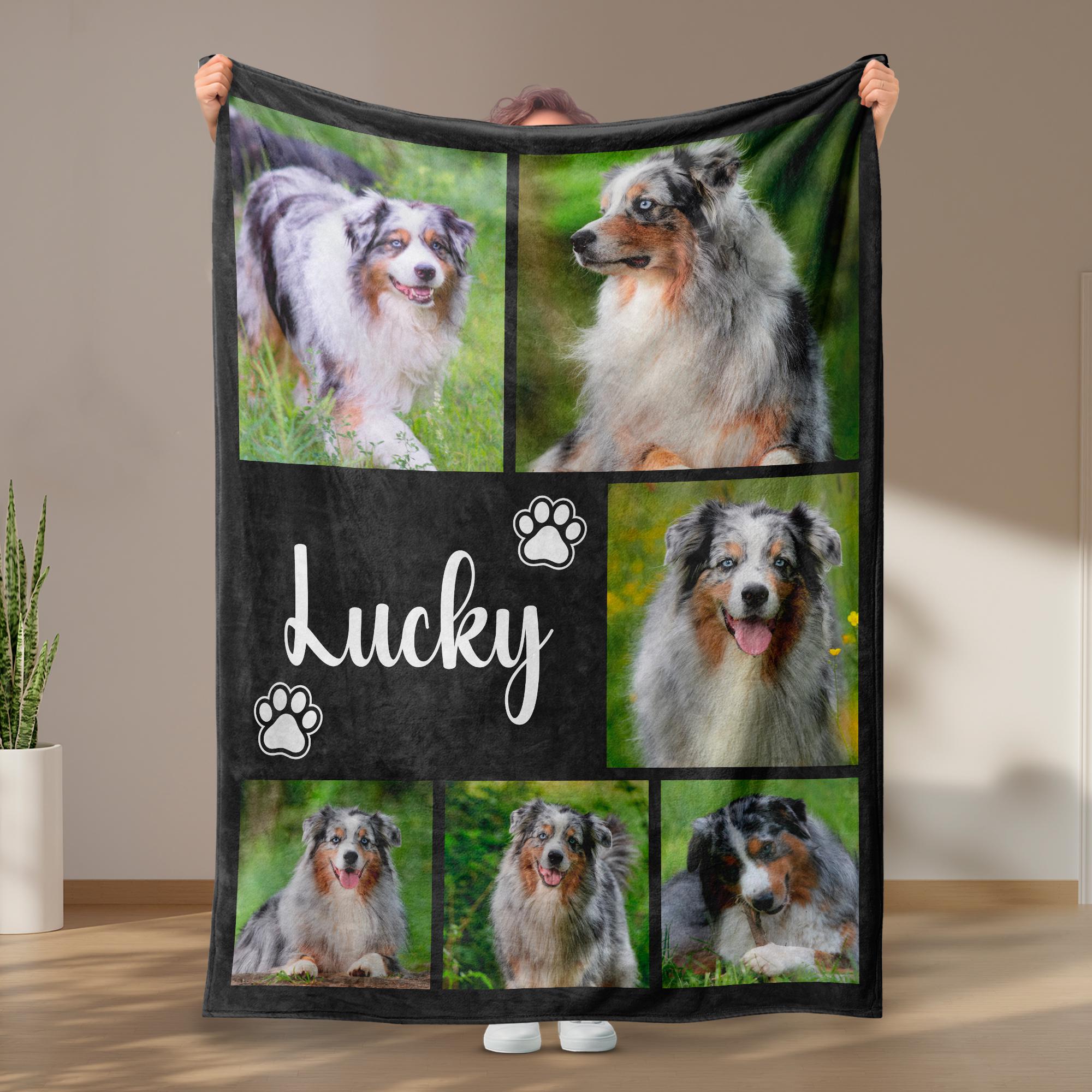 Dog Cat Picture Bedding Blanket With Text, Customized Name Photo Blanket Collage, Memorial Pet Face Loss Keepsake Gift - (BLANKET-1 DOG)