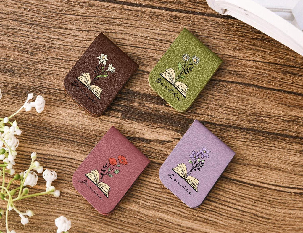 Custom Leather Birth Flower Bookmark, Personalized Magnetic Bookmark, Name Bookmark with Birth Flower, Book Lover Birthday Gift, Book Accessory
