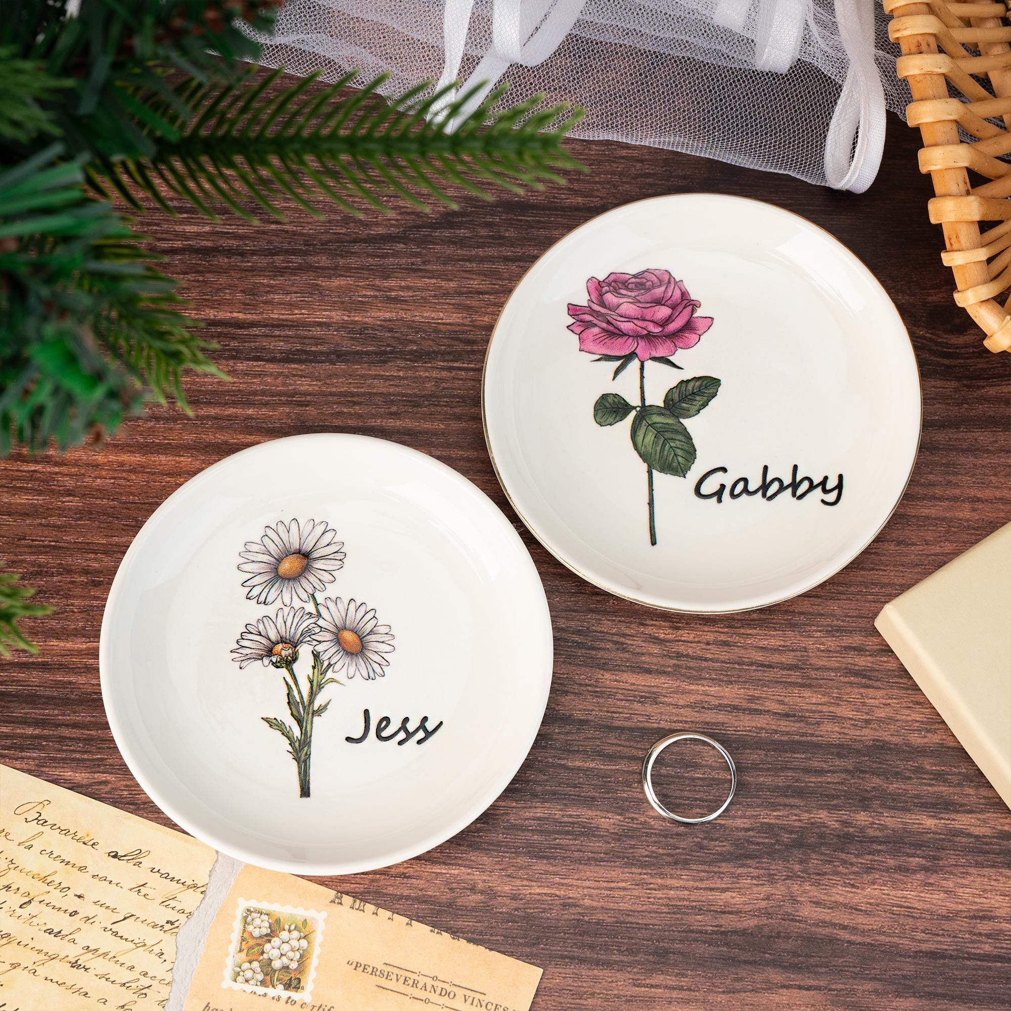 Custom Birth Flower Ceramic Jewelry Dish_ Personalized Name Trinket Dish