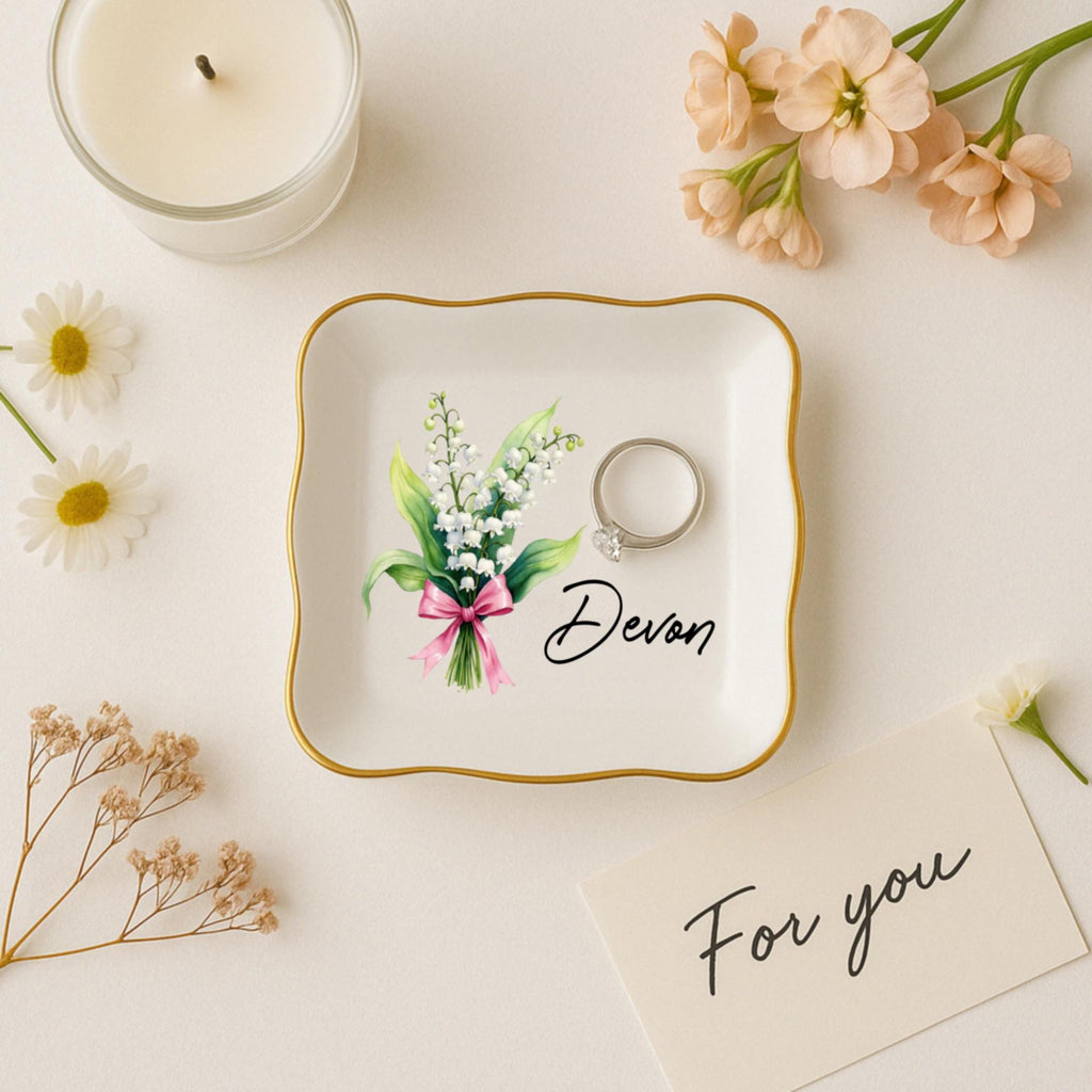Personalized Birth Flower Ceramic Jewelry Dish_ Custom Trinket Tray, Custom Watercolor Flower Ring Dish, Wedding Bridesmaid Gift, Birthday Jewelry Dish, Christmas Gifts